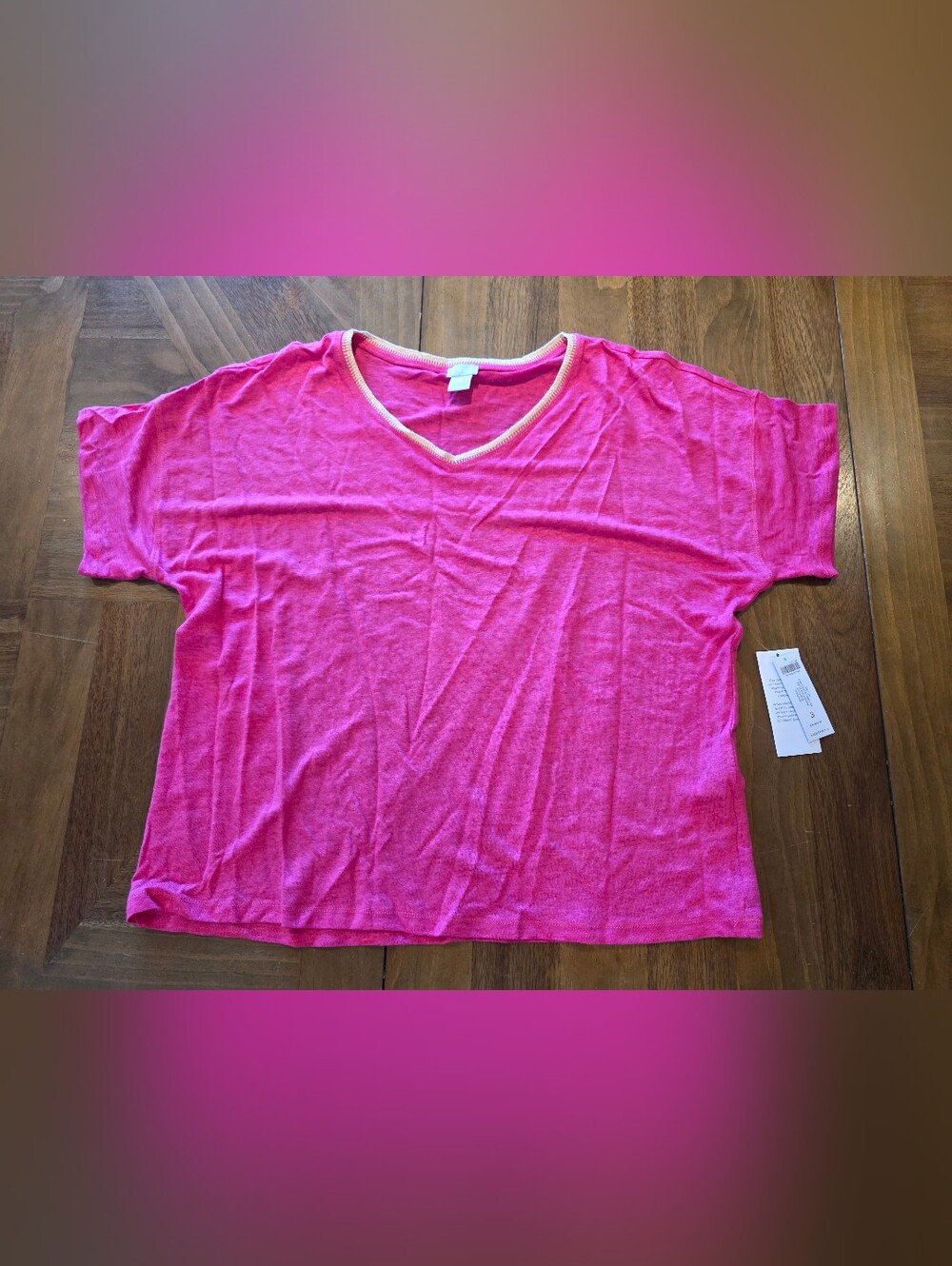 Chico's Hot Pink Linen Top Sz 3 / XL / 16 V-Neck Cream Embroidered Trim Relaxed